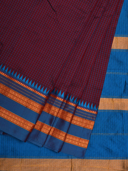 Maroon and Blue Narayanpet Cotton Silk Handloom Saree with Checks Design No Blouse np0594