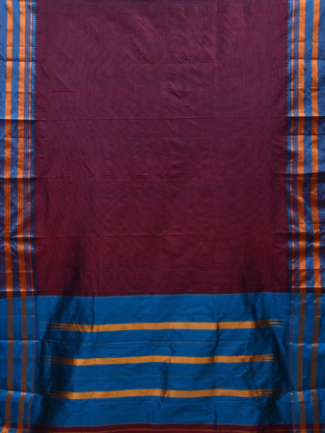 Maroon and Blue Narayanpet Cotton Silk Handloom Saree with Checks Design No Blouse np0594