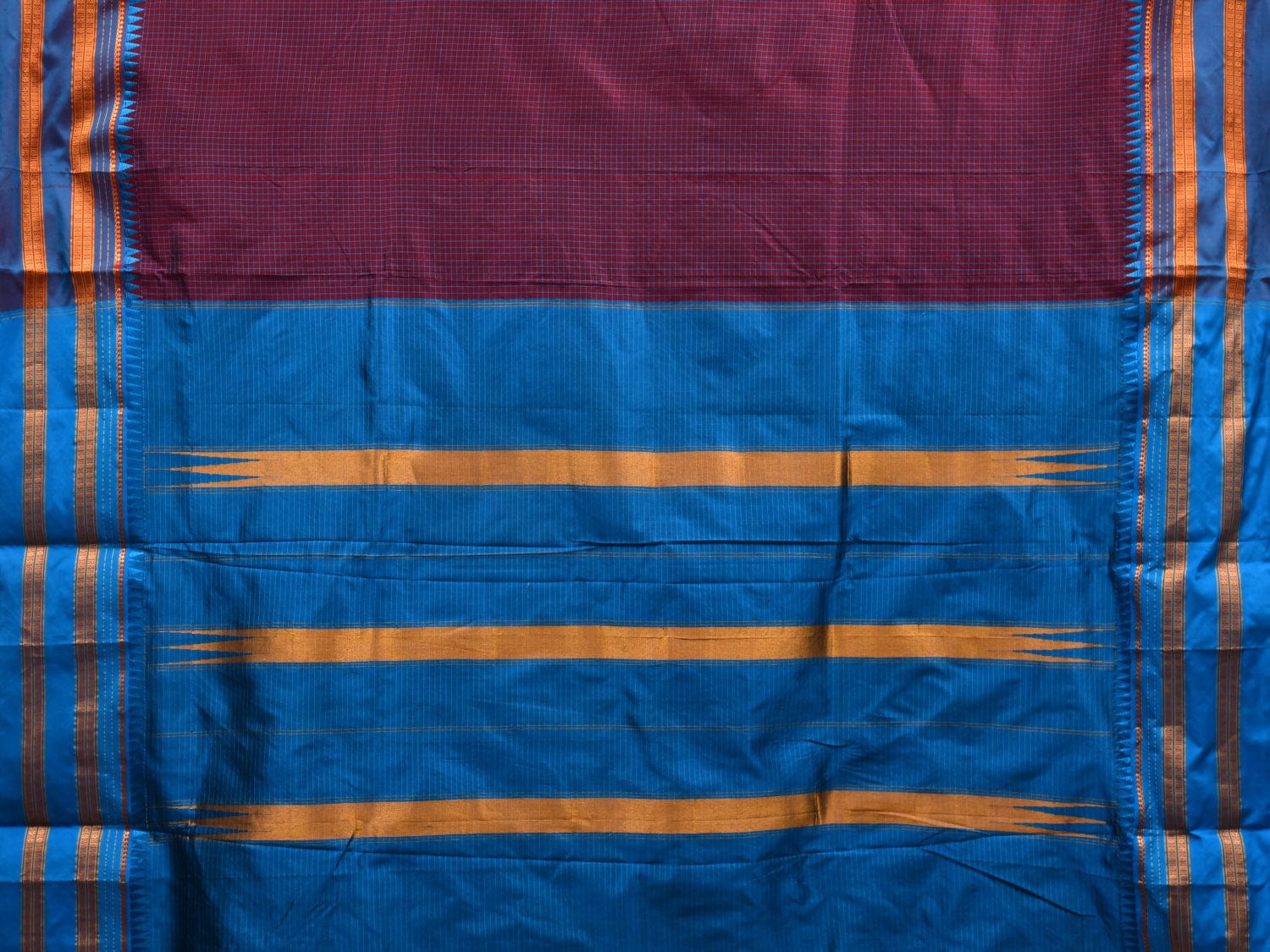 Maroon and Blue Narayanpet Cotton Silk Handloom Saree with Checks Design No Blouse np0594