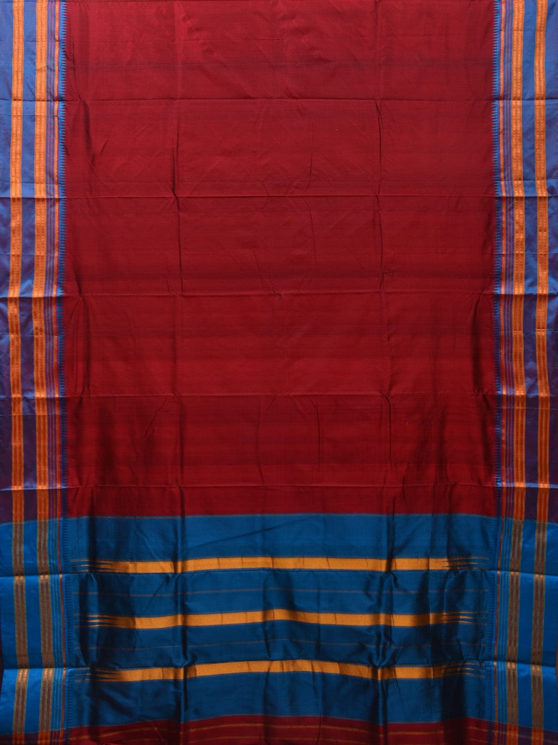 Maroon and Blue Narayanpet Silk Handloom Plain Saree with Traditional Border Design No Blouse np0645