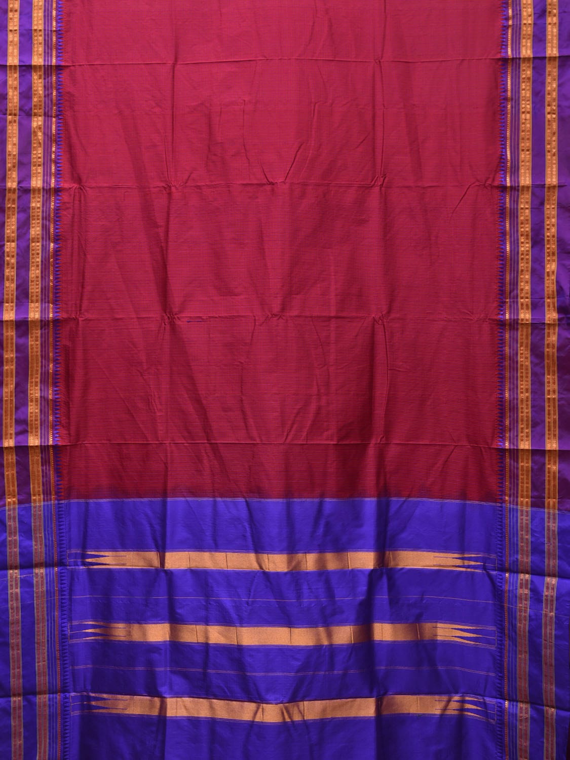 Maroon and Blue Narayanpet Silk Handloom Saree with Checks Design No Blouse np0674