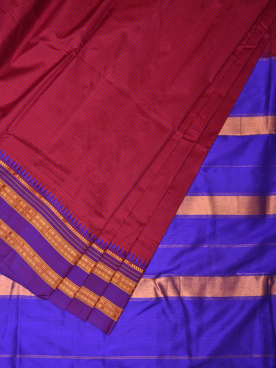 Maroon and Blue Narayanpet Silk Handloom Saree with Checks Design No Blouse np0674