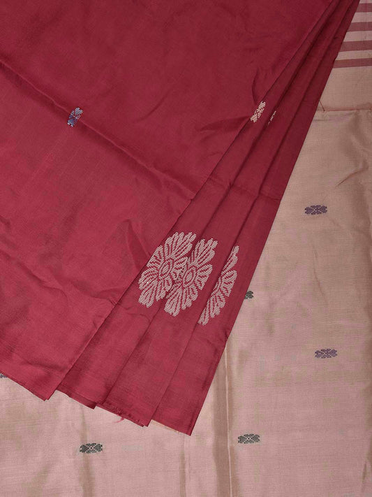 Maroon and Cream Banana Silk Saree with Floral Border Buta Design o0680