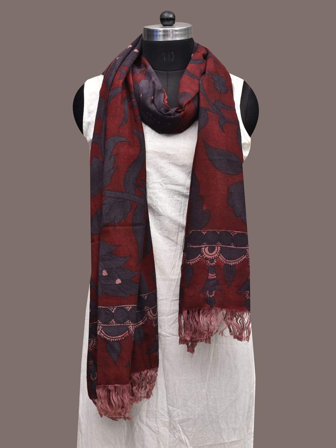 Maroon and Dark Blue Kalamkari Hand Painted Cotton Handloom Dupatta with Floral and Birds Design ds2303