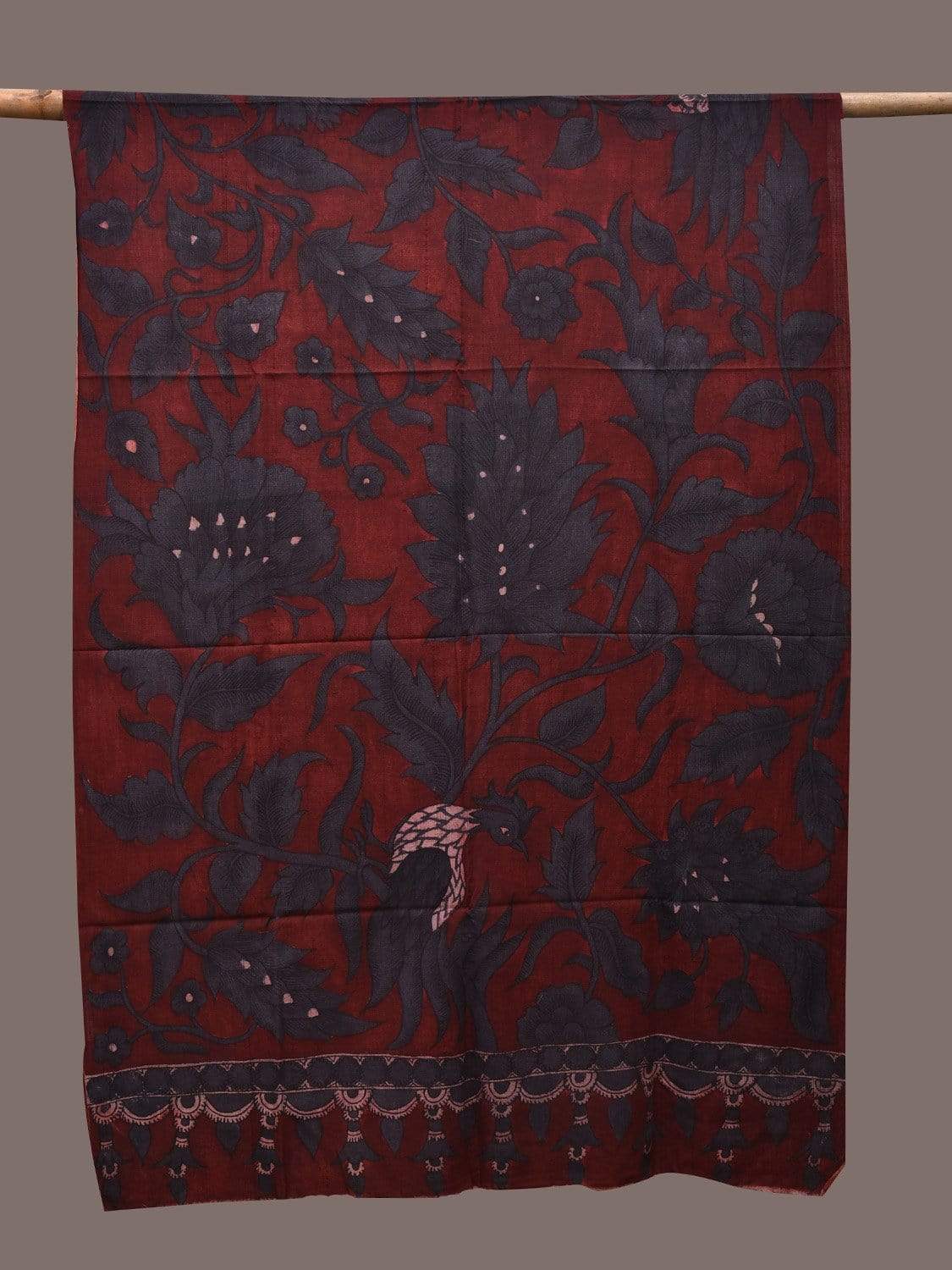 Maroon and Dark Blue Kalamkari Hand Painted Cotton Handloom Dupatta with Floral and Birds Design ds2303