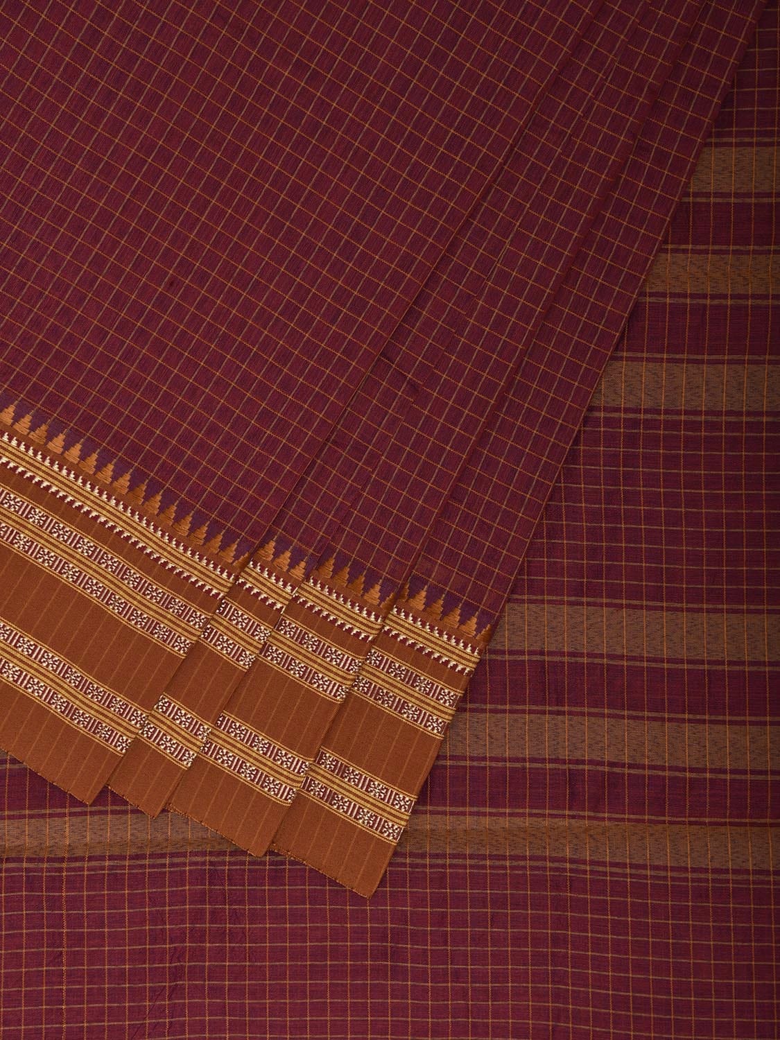 Maroon and Fawn Bamboo Cotton Saree with Checks Design No Blouse bc0847