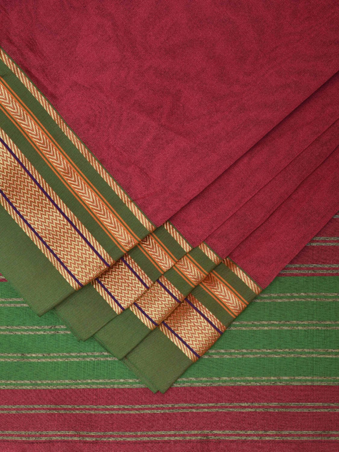 Maroon and Green Bamboo Cotton Plain Saree with Strips Pallu Design bc0329