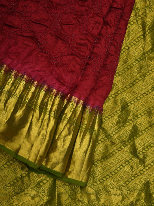 Maroon and Green Bandhani Kanchipuram Silk Handloom Saree with Body Buta Design bn0333