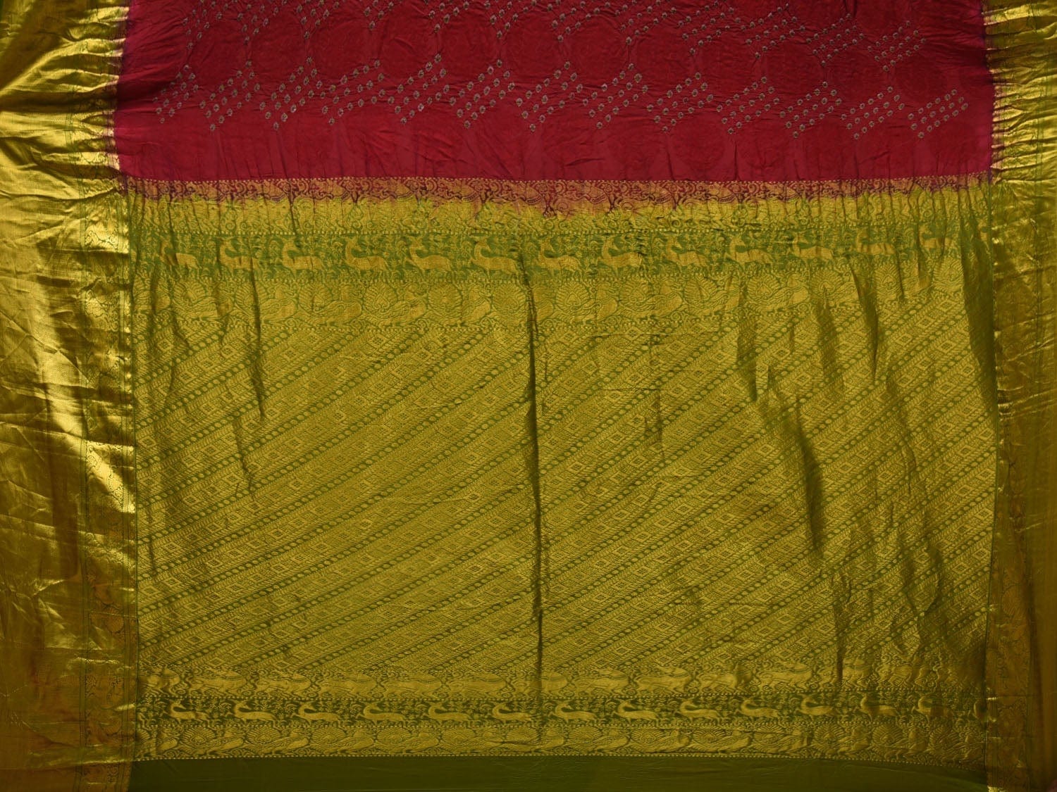 Maroon and Green Bandhani Kanchipuram Silk Handloom Saree with Body Buta Design bn0333