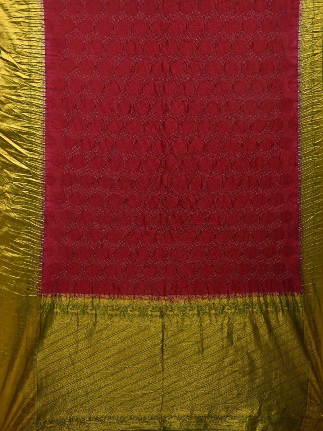 Maroon and Green Bandhani Kanchipuram Silk Handloom Saree with Body Buta Design bn0333