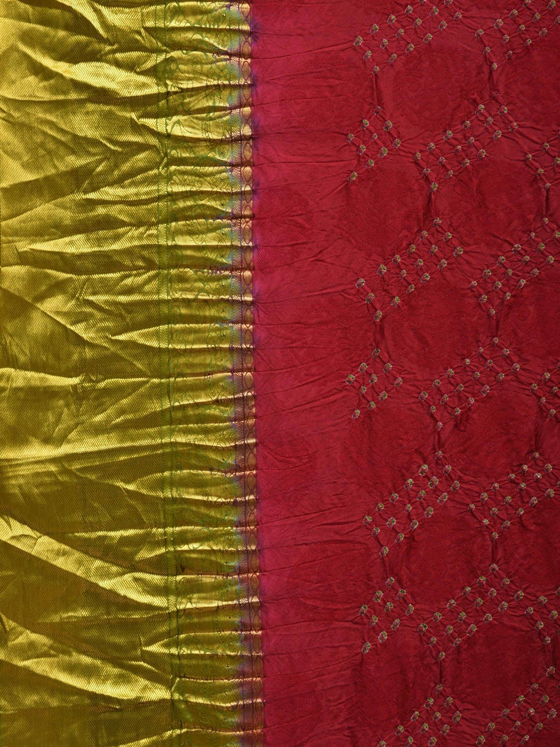 Maroon and Green Bandhani Kanchipuram Silk Handloom Saree with Body Buta Design bn0333