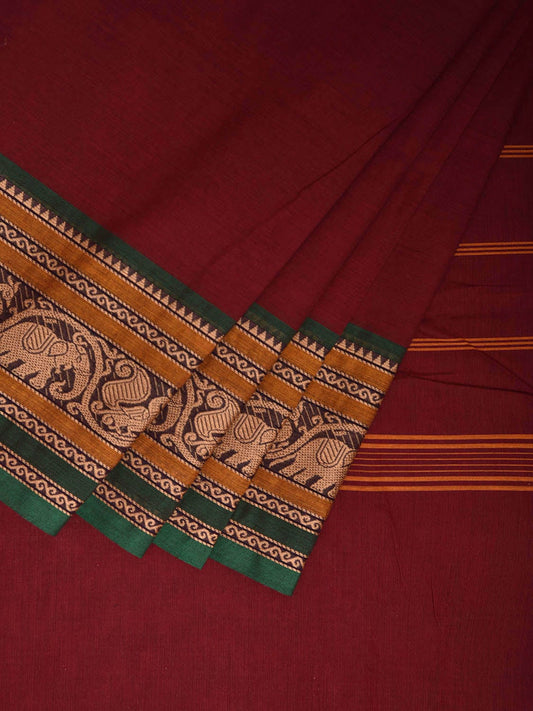 Maroon and Green Kanchipuram Cotton Plain Saree with Elephant and Peacock Border Design Kalamkari Blouse k0820
