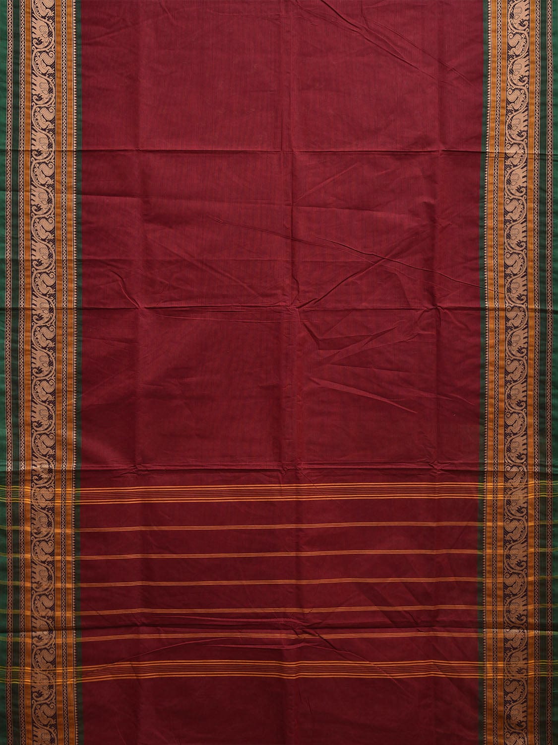 Maroon and Green Kanchipuram Cotton Plain Saree with Elephant and Peacock Border Design Kalamkari Blouse k0820