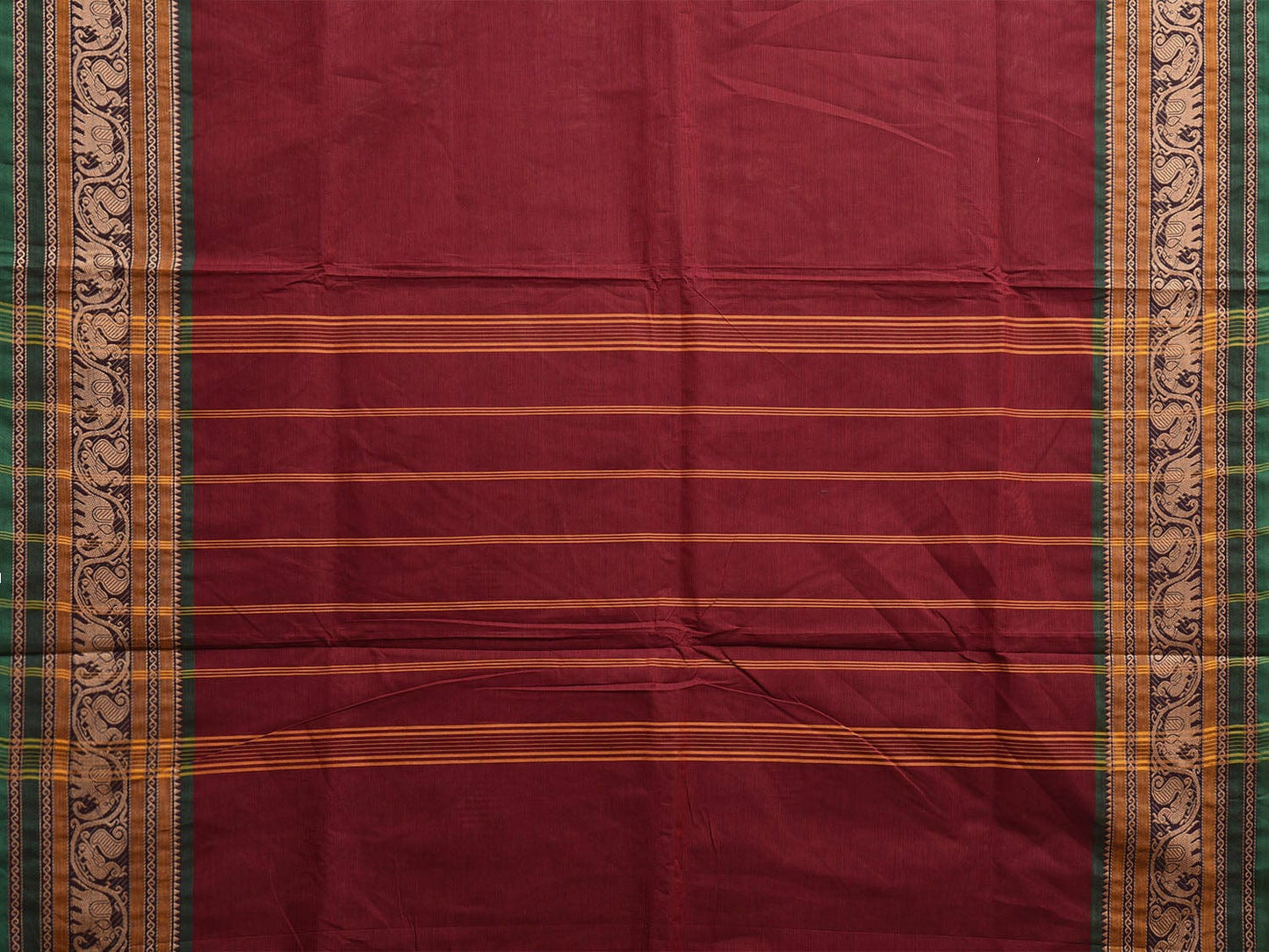 Maroon and Green Kanchipuram Cotton Plain Saree with Elephant and Peacock Border Design Kalamkari Blouse k0820