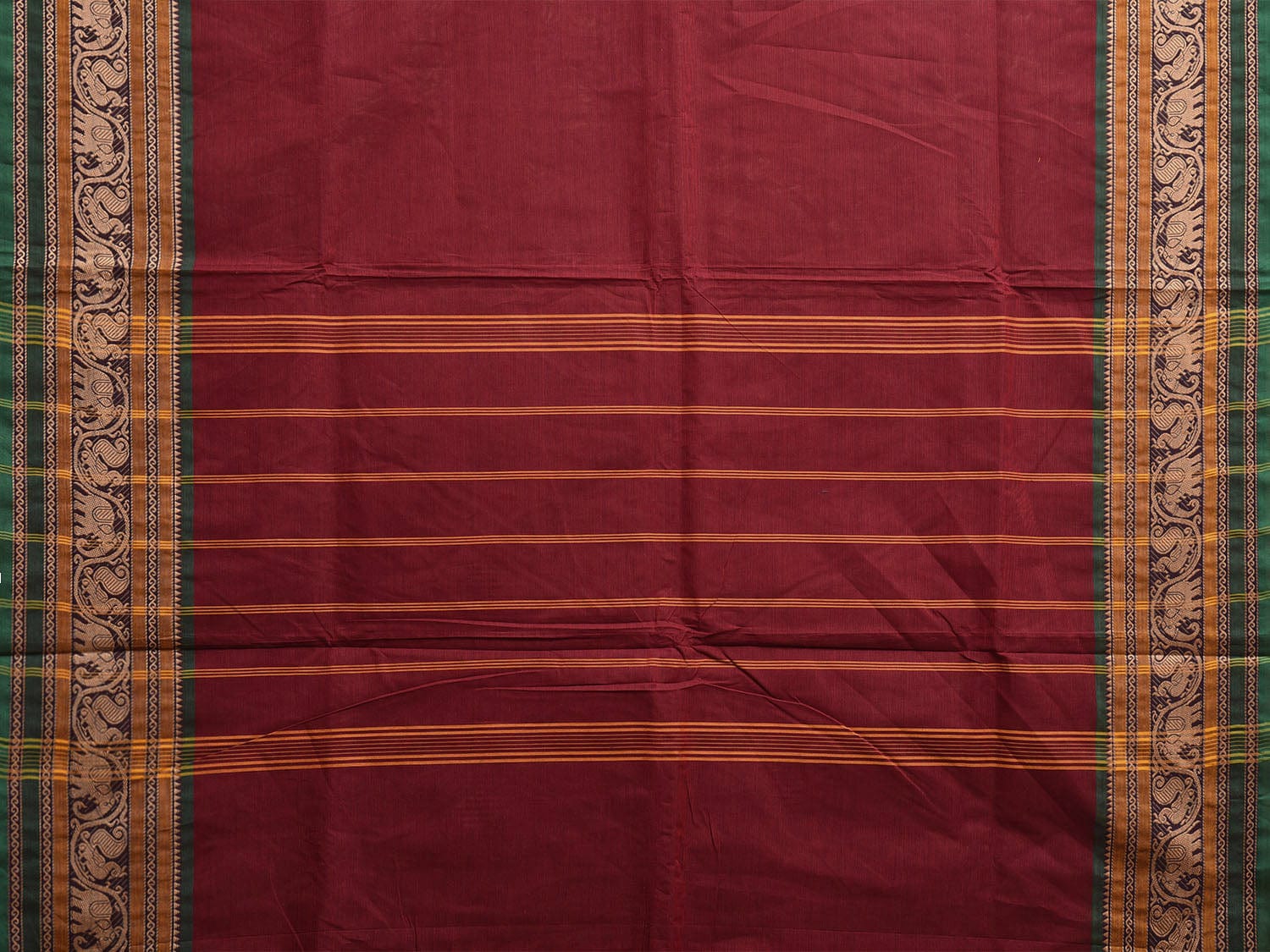 Maroon and Green Kanchipuram Cotton Plain Saree with Elephant and Peacock Border Design Kalamkari Blouse k0820