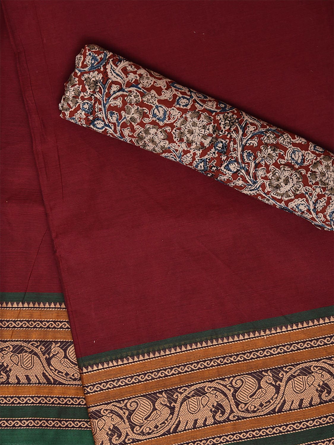 Maroon and Green Kanchipuram Cotton Plain Saree with Elephant and Peacock Border Design Kalamkari Blouse k0820