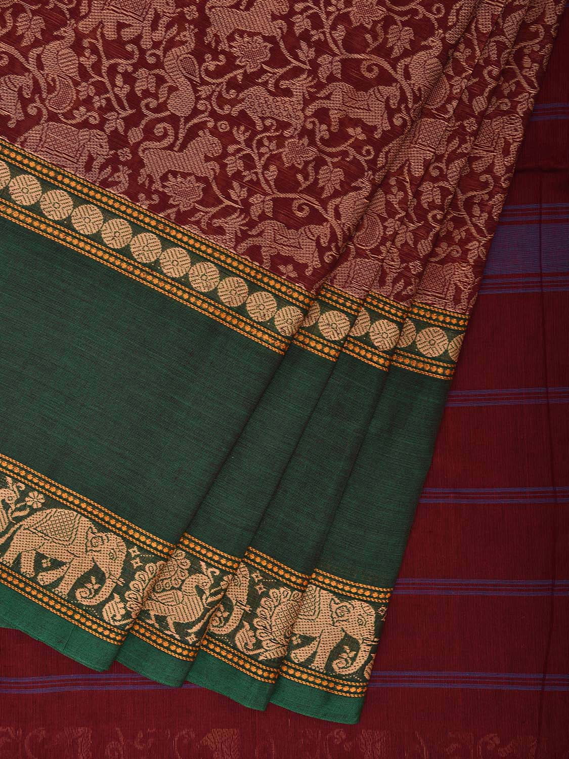 Maroon and Green Kanchipuram Cotton Saree with All Over and Strips Pallu Design k0795