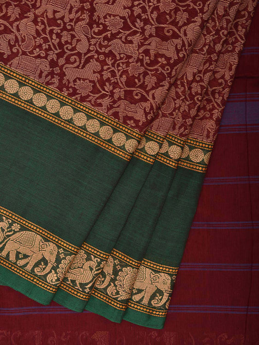 Maroon and Green Kanchipuram Cotton Saree with All Over and Strips Pallu Design k0795