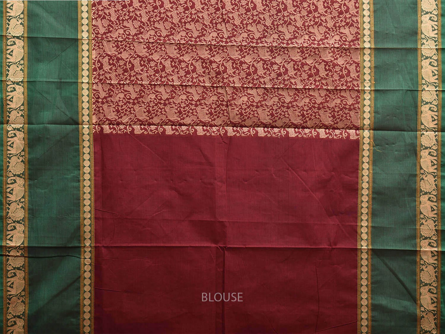 Maroon and Green Kanchipuram Cotton Saree with All Over and Strips Pallu Design k0795