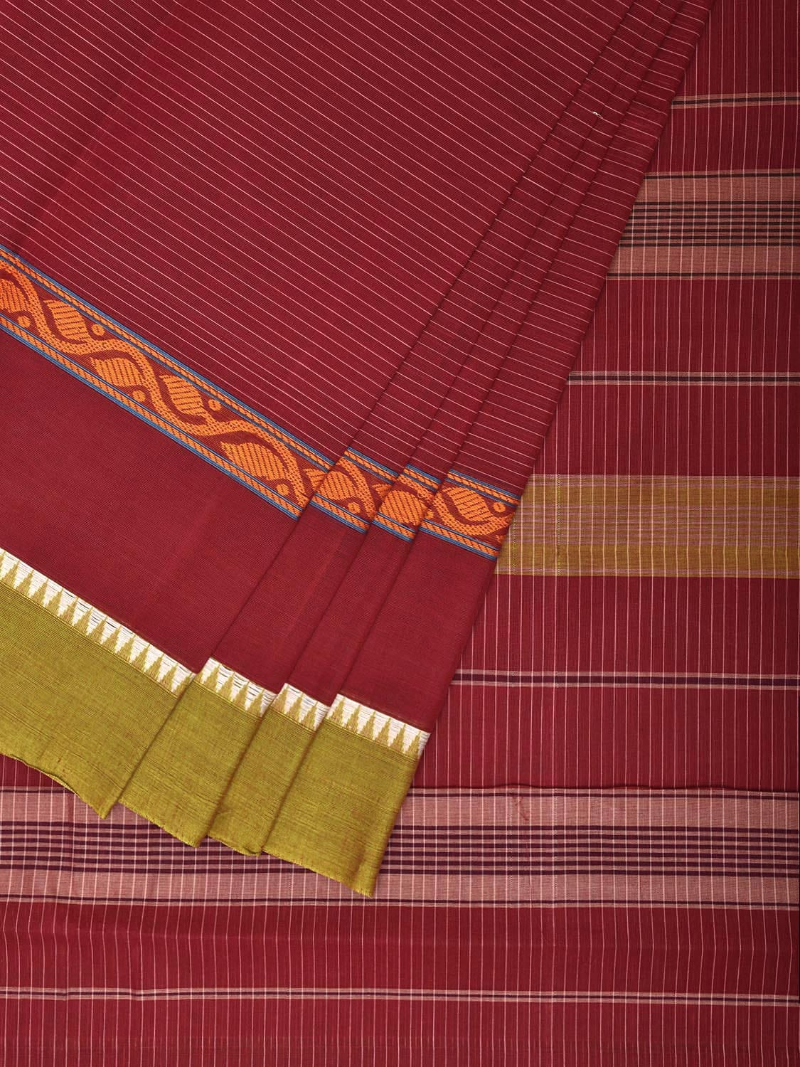 Maroon and Green Narayanpet Cotton Handloom Saree with Big Border and Strips Design No Blouse np1050