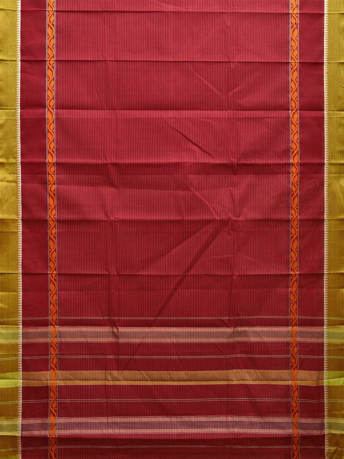 Maroon and Green Narayanpet Cotton Handloom Saree with Big Border and Strips Design No Blouse np1050