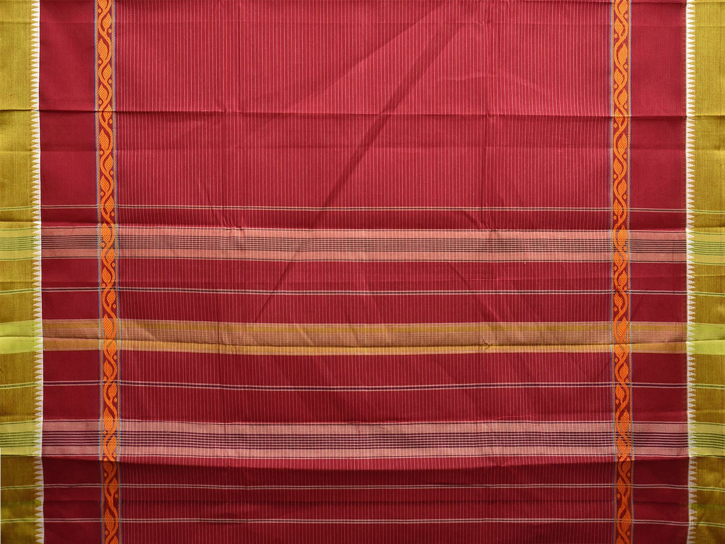 Maroon and Green Narayanpet Cotton Handloom Saree with Big Border and Strips Design No Blouse np1050