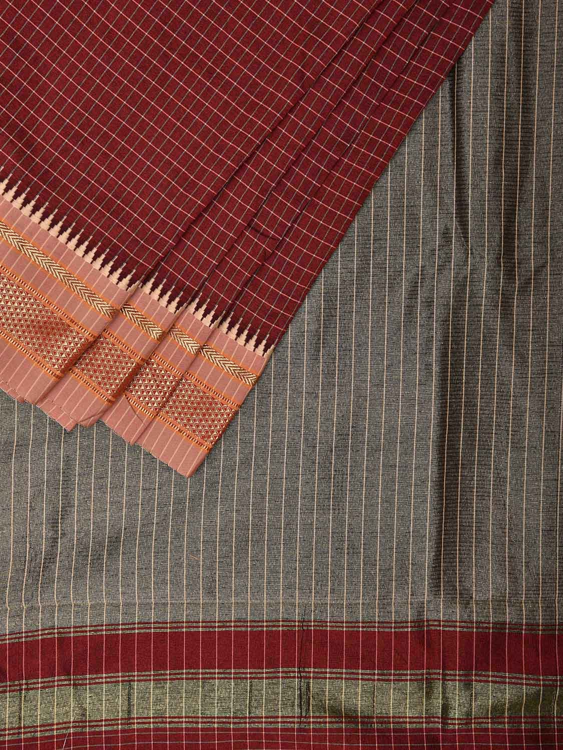 Maroon and Grey Bamboo Cotton Viscose Silk Saree with Checks and Contrast Pallu Design No Blouse bc0582