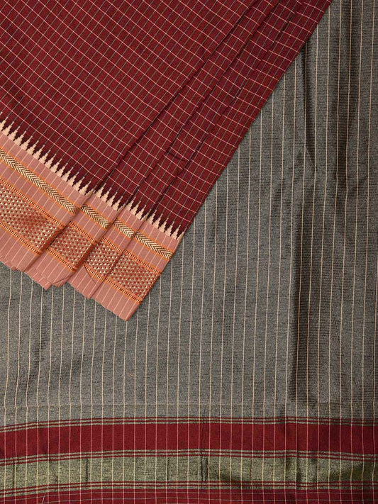Maroon and Grey Bamboo Cotton Viscose Silk Saree with Checks and Contrast Pallu Design No Blouse bc0582