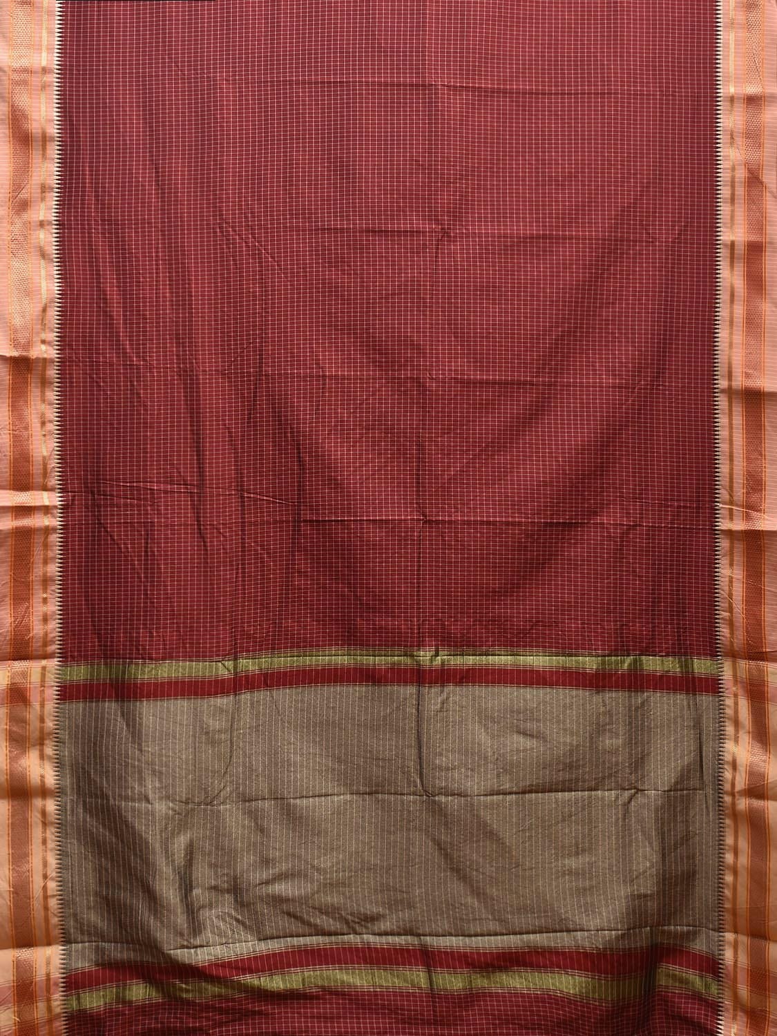 Maroon and Grey Bamboo Cotton Viscose Silk Saree with Checks and Contrast Pallu Design No Blouse bc0582