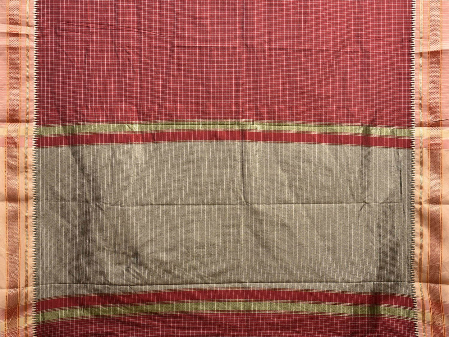 Maroon and Grey Bamboo Cotton Viscose Silk Saree with Checks and Contrast Pallu Design No Blouse bc0582