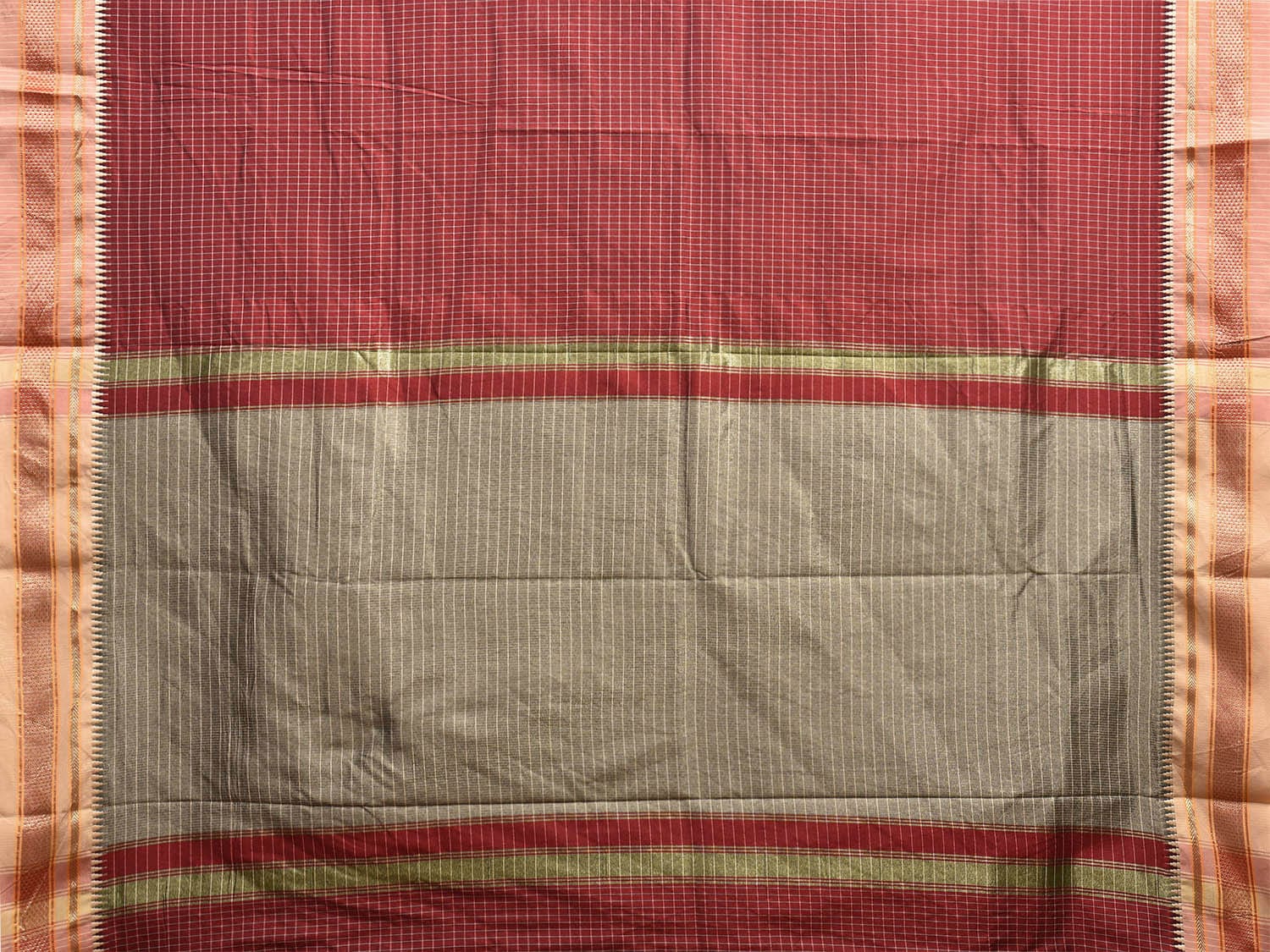 Maroon and Grey Bamboo Cotton Viscose Silk Saree with Checks and Contrast Pallu Design No Blouse bc0582