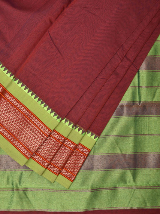Maroon and Light Green Bamboo Cotton Plain Saree with Zari Border Design bc0100
