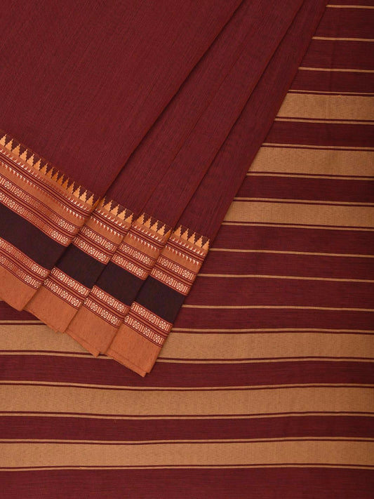 Maroon and Mustard Bamboo Cotton Plain Saree with Strips Pallu Design No Blouse bc0679