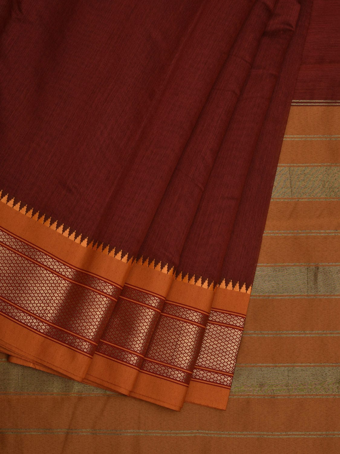 Maroon and Mustard Bamboo Cotton Plain Saree with Zari Border Design bc0047