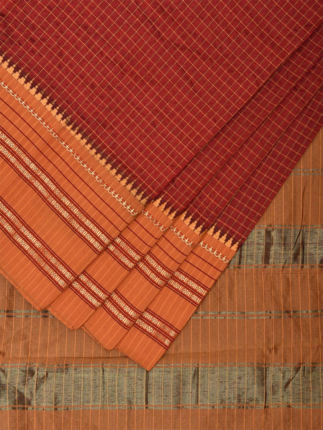 Maroon and Mustard Bamboo Cotton Viscose Silk Saree with Checks Design No Blouse bc0625