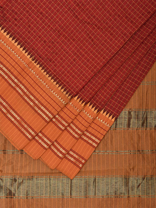 Maroon and Mustard Bamboo Cotton Viscose Silk Saree with Checks Design No Blouse bc0625