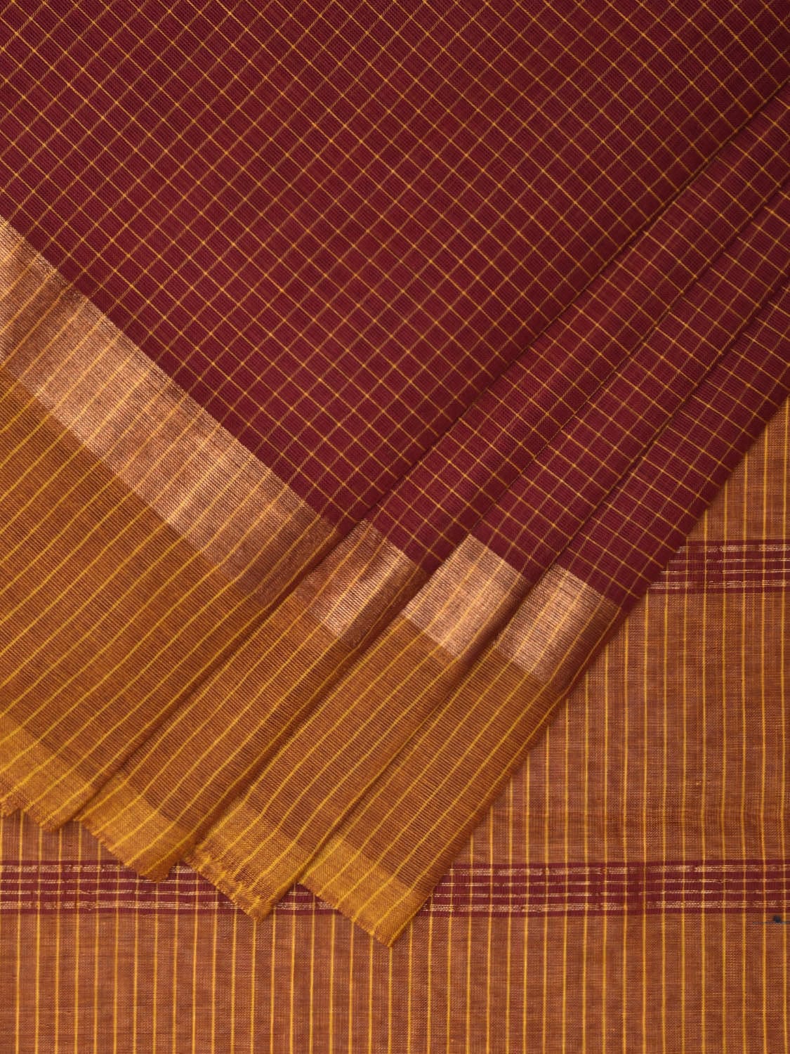 Maroon and Mustard Kanchipuram Cotton Saree with Checks Design k0612