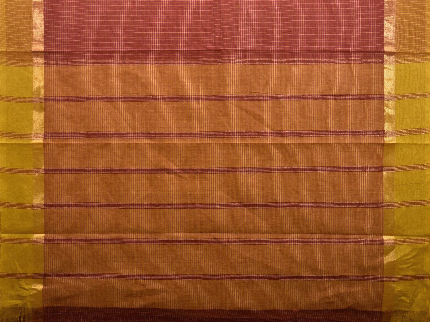 Maroon and Mustard Kanchipuram Cotton Saree with Checks Design k0612