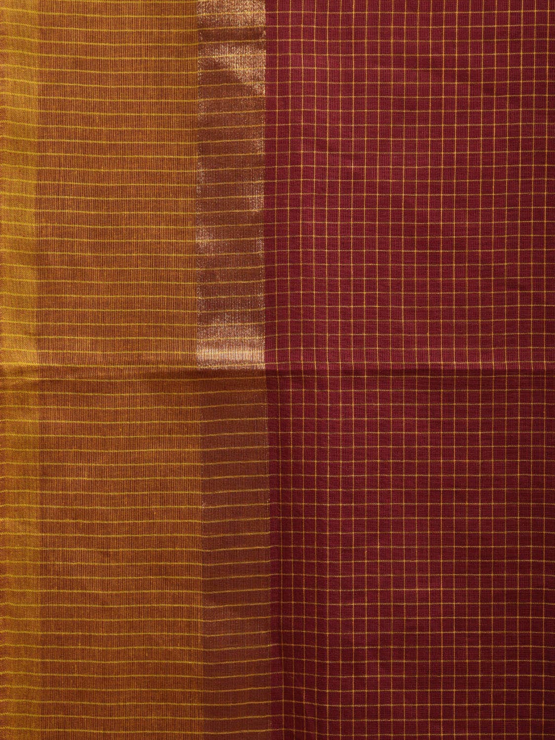 Maroon and Mustard Kanchipuram Cotton Saree with Checks Design k0612