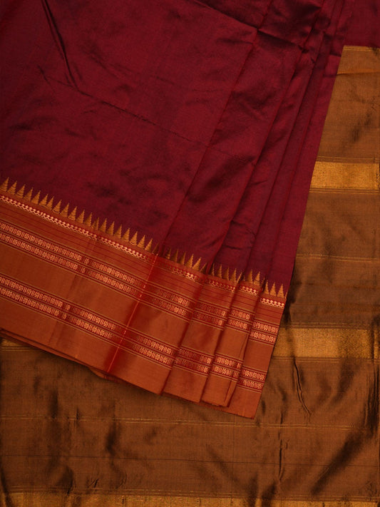 Maroon and Mustard Narayanpet Silk Handloom Plain Saree with Traditional Border Design No Blouse np0553
