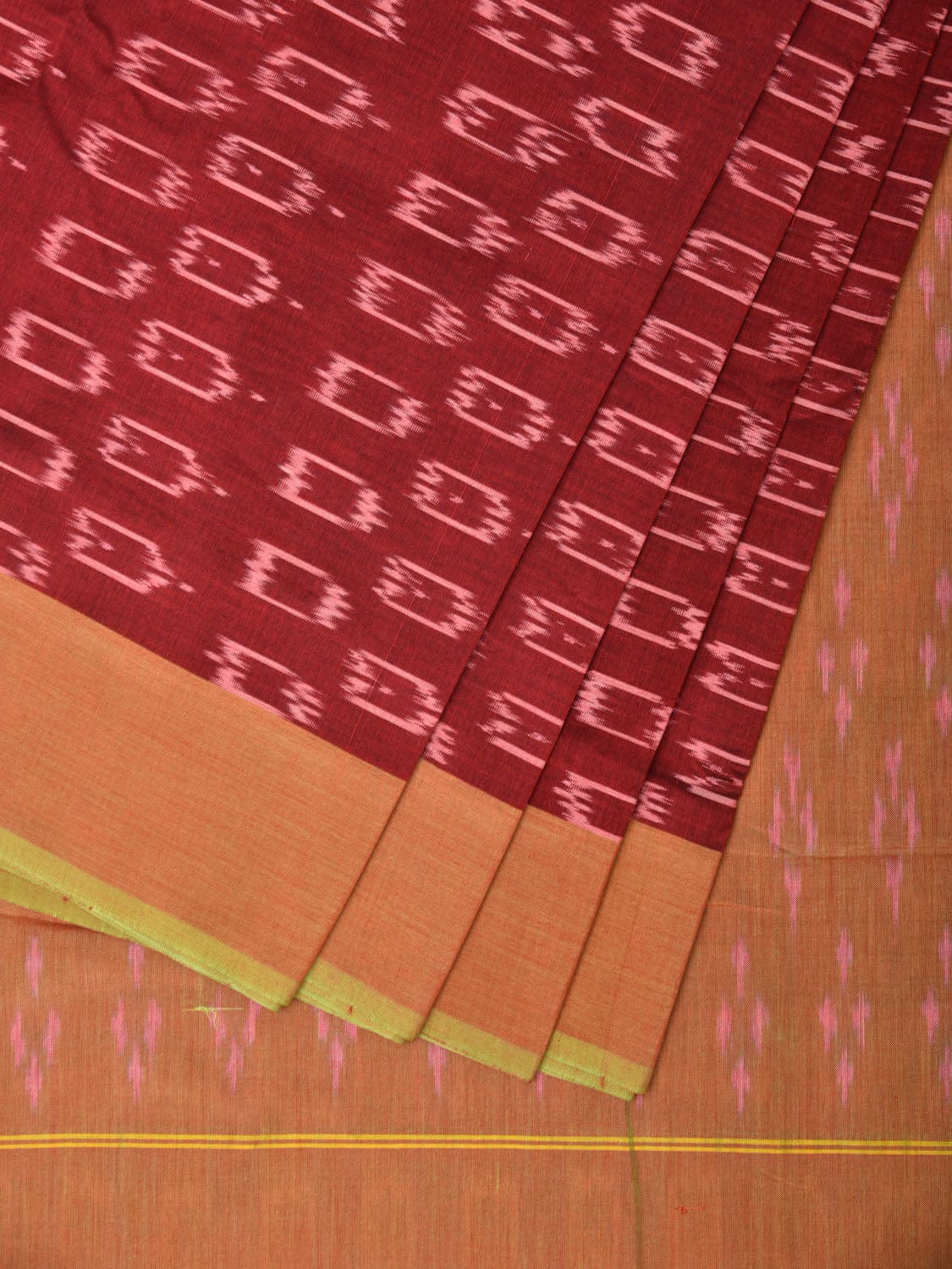 Maroon and Mustard Pochampally Ikat Cotton Handloom Saree with All Over Design No Blouse i0784