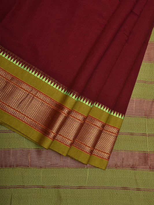 Maroon and Olive Bamboo Cotton Plain Saree with Border Design bc0069