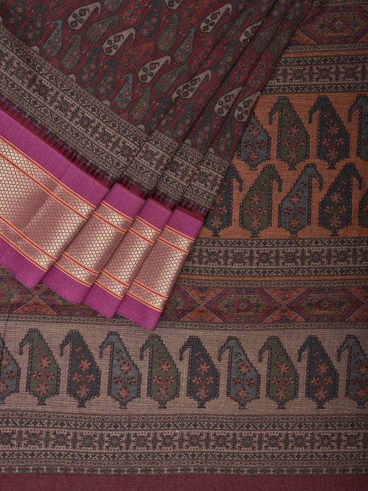 Maroon and Purple Bamboo Cotton Saree with Digital Print Design bc0686