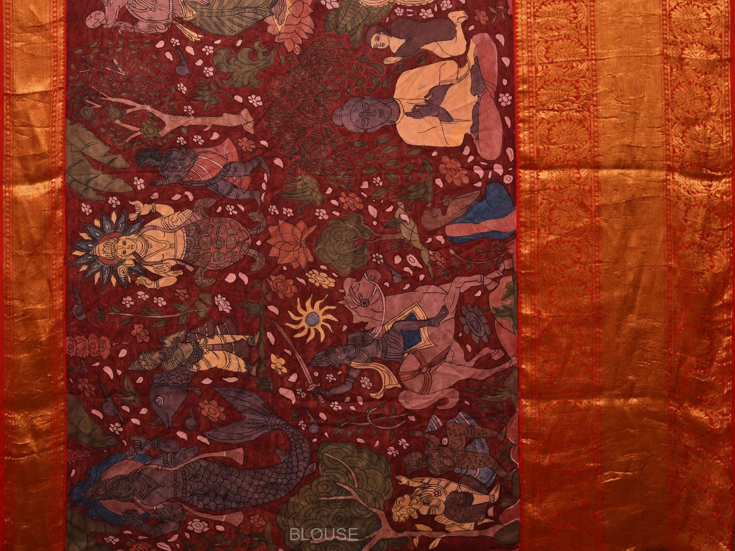 Maroon and Red Kalamkari Hand Painted Kanchipuram Silk Handloom Saree with Dashavatar Design KL0658