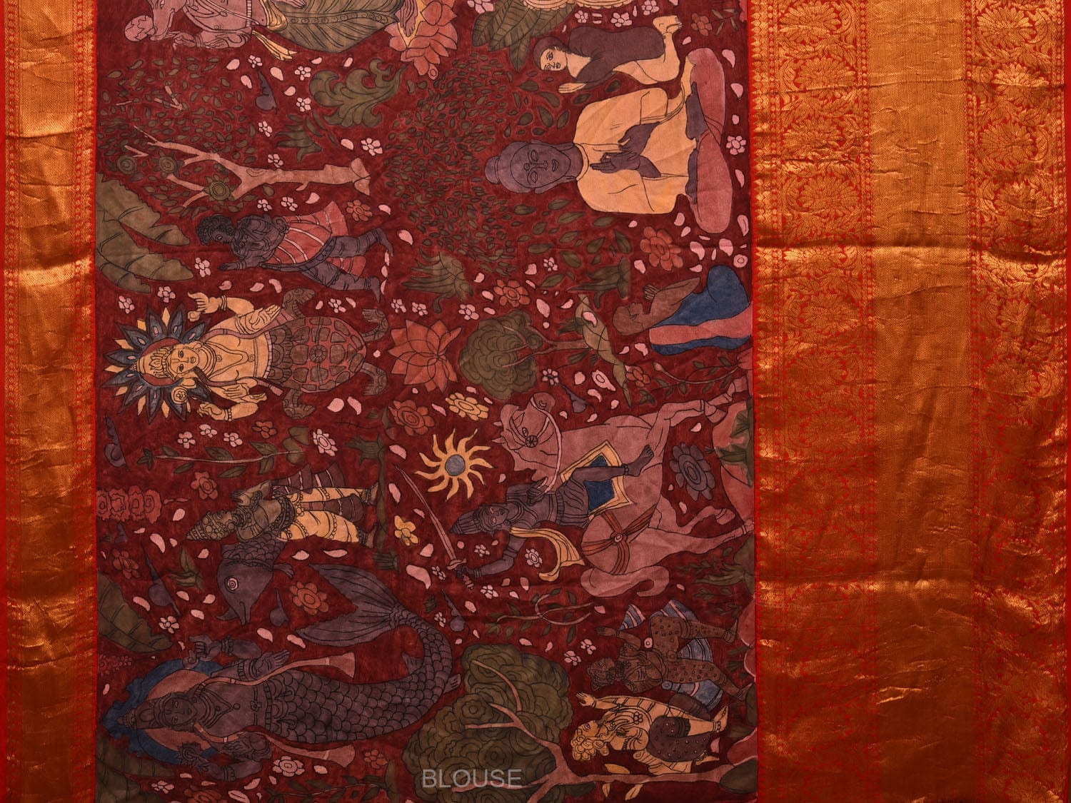 Maroon and Red Kalamkari Hand Painted Kanchipuram Silk Handloom Saree with Dashavatar Design KL0658