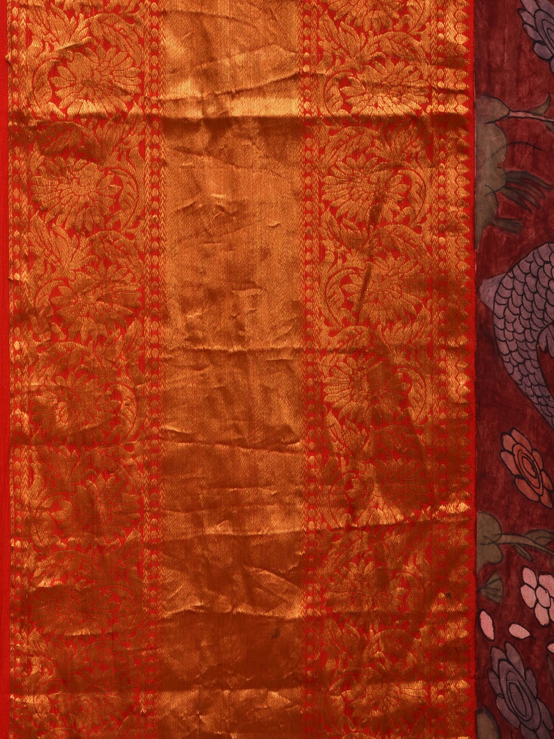 Maroon and Red Kalamkari Hand Painted Kanchipuram Silk Handloom Saree with Dashavatar Design KL0658