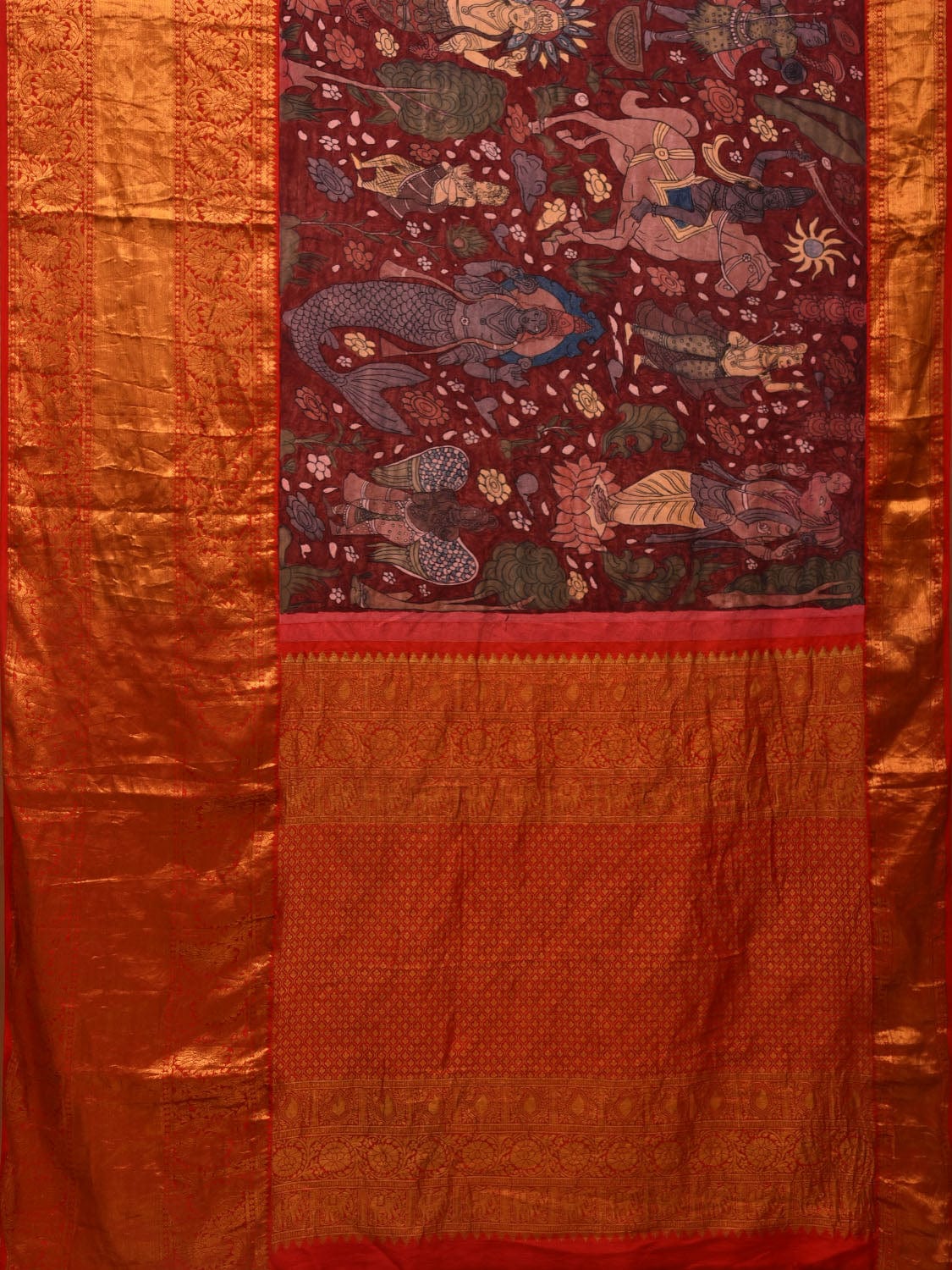 Maroon and Red Kalamkari Hand Painted Kanchipuram Silk Handloom Saree with Dashavatar Design KL0658