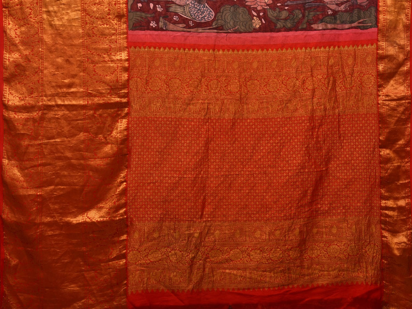 Maroon and Red Kalamkari Hand Painted Kanchipuram Silk Handloom Saree with Dashavatar Design KL0658