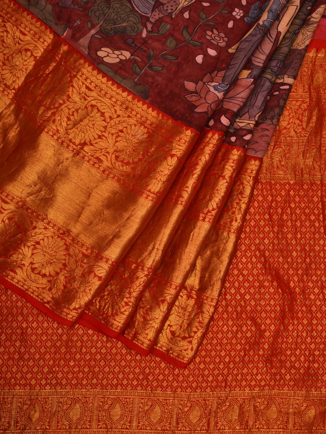 Maroon and Red Kalamkari Hand Painted Kanchipuram Silk Handloom Saree with Dashavatar Design KL0658