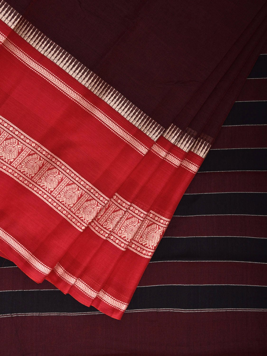 Maroon and Red Kanchipuram Cotton Saree with Strips Pallu and Big Border Design No Blouse k0806
